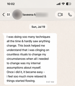 WhatsApp message from Raveena, a reader of the book