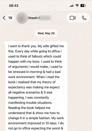 WhatsApp message from Dinesh, a reader of the book
