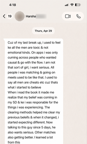 WhatsApp message from Harsha, a reader of the book